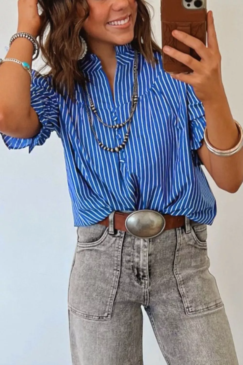 Stripe Ruffled Short Puff Sleeve Button Front Blouse, image 3