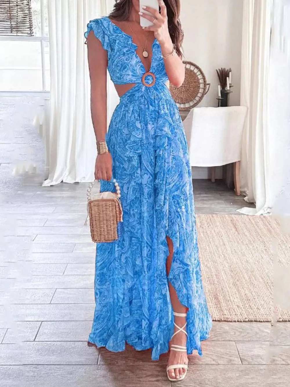 Full Size Ruffled Cutout V-Neck Maxi Dress Plus Size, image 2