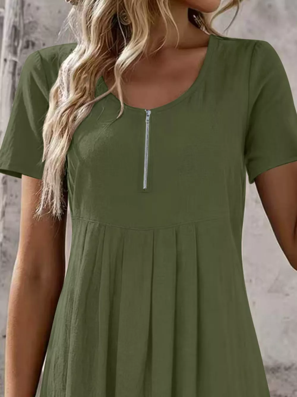 Zipper-Front Short Sleeve A-Line Dress, image 11