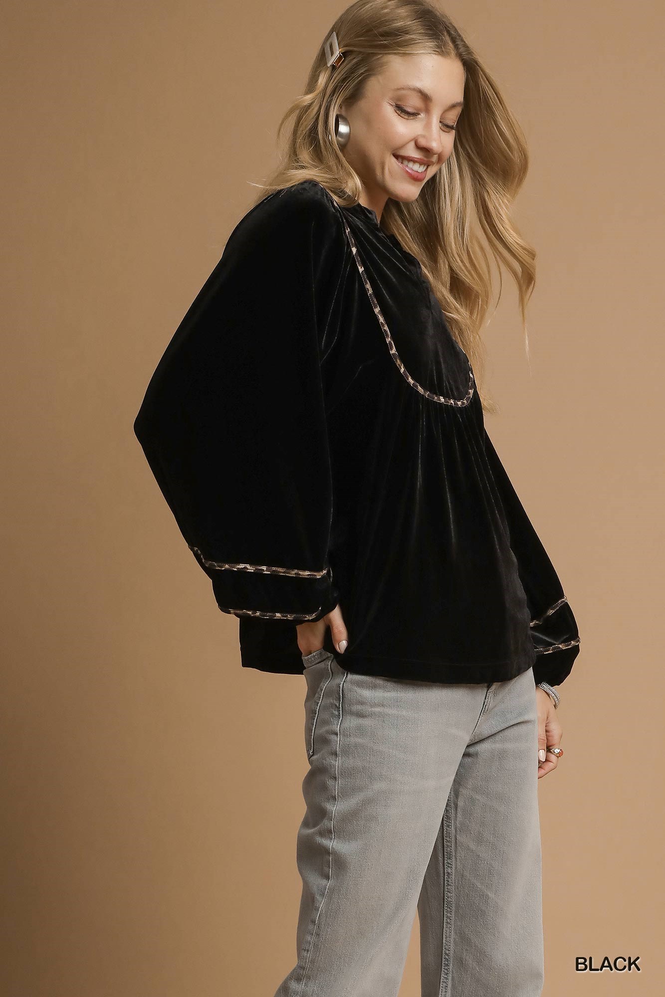 Velvet Long Sleeve Blouse with Contrast Trim, image 5