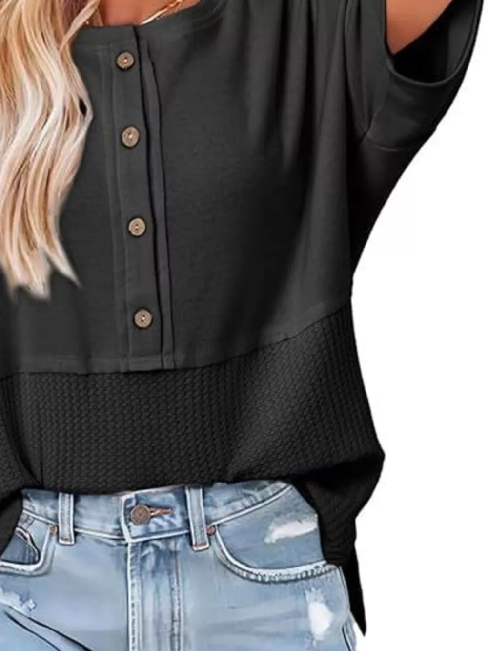 Button Detail Texture Knit T-Shirt, image 3
