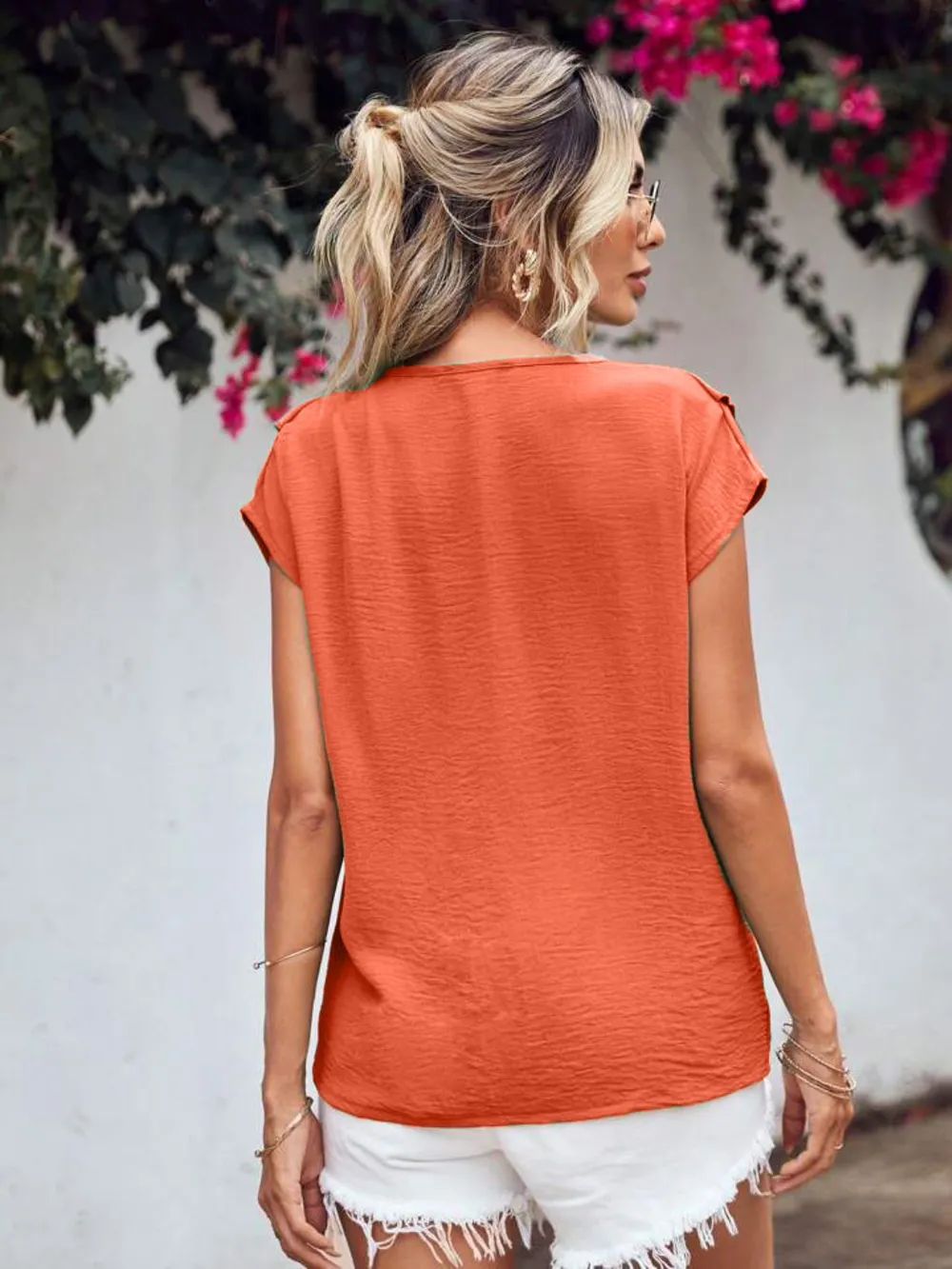 Ruffled V-Neck Short Sleeve Blouse, image 3