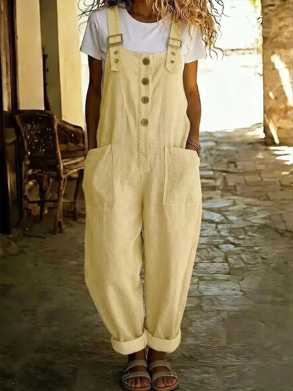 Casual Button Front Wide Leg Overalls, image 4