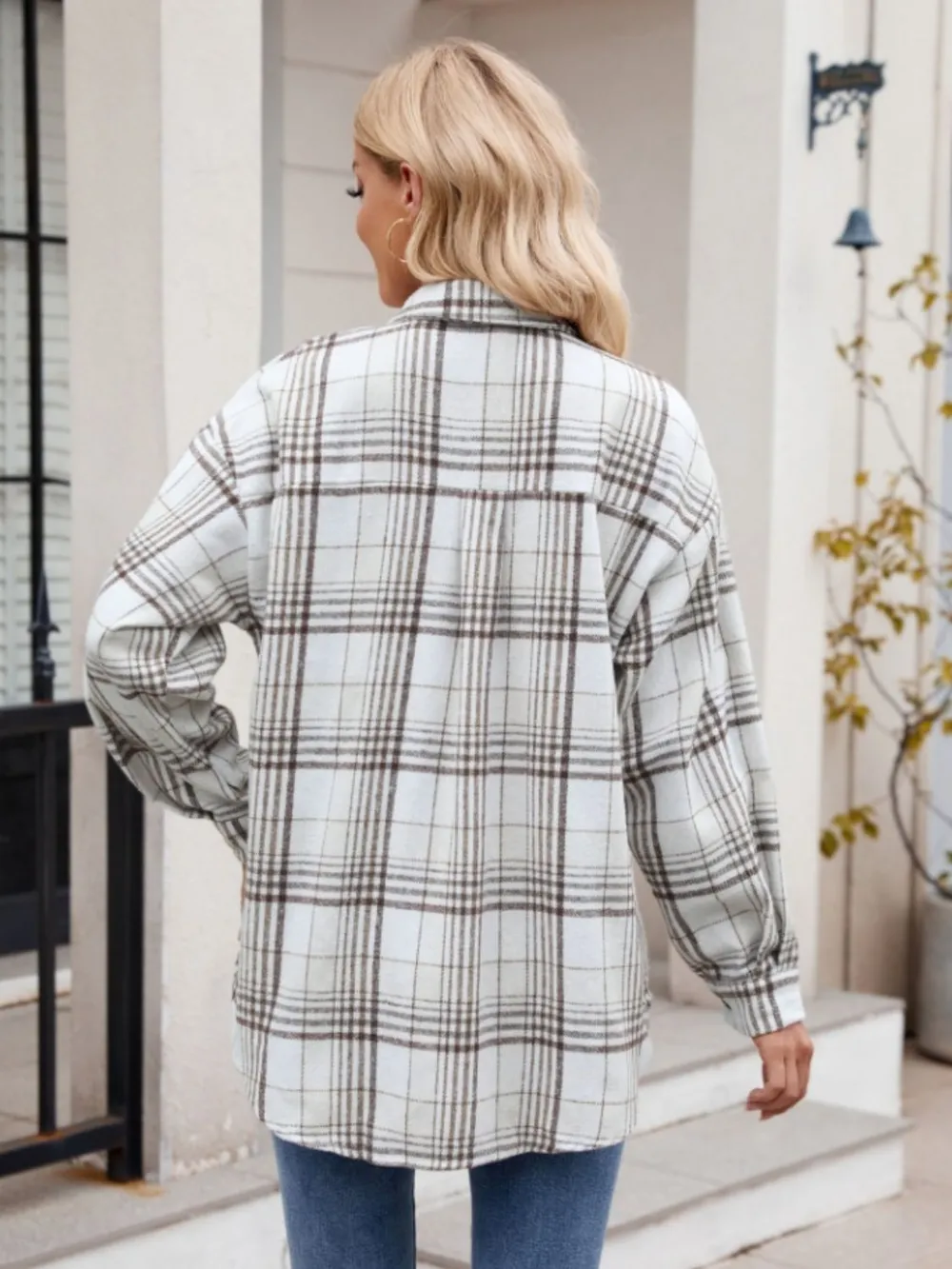 Pocketed Plaid Collared Neck Long Sleeve Shirt, image 14