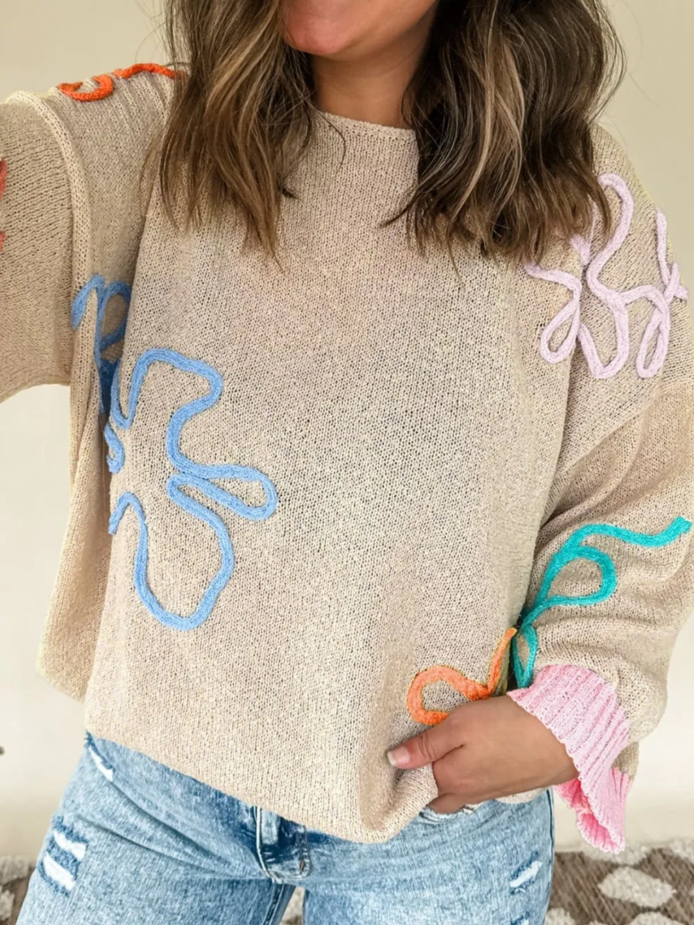 Flower Round Neck Drop Shoulder Sweater, image 4