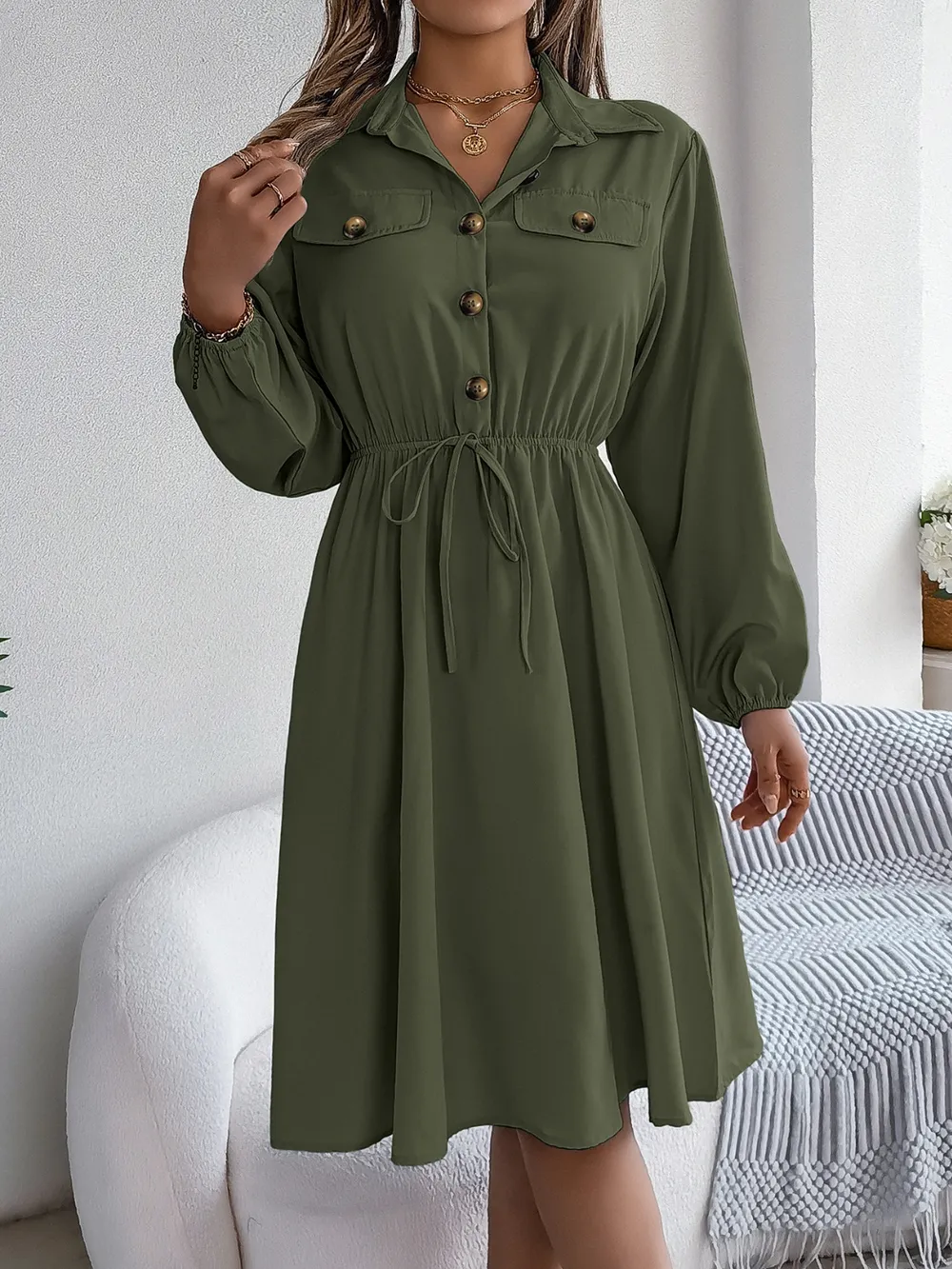 Collared Neck Long Sleeve Dress with Pockets, image 30