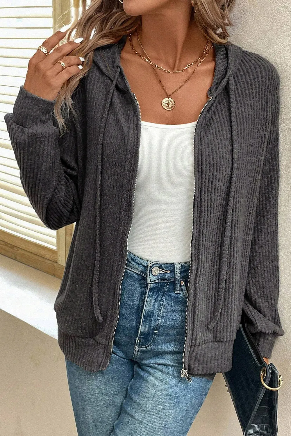 Drawstring Zip Up Long Sleeve Hooded Jacket, image 8