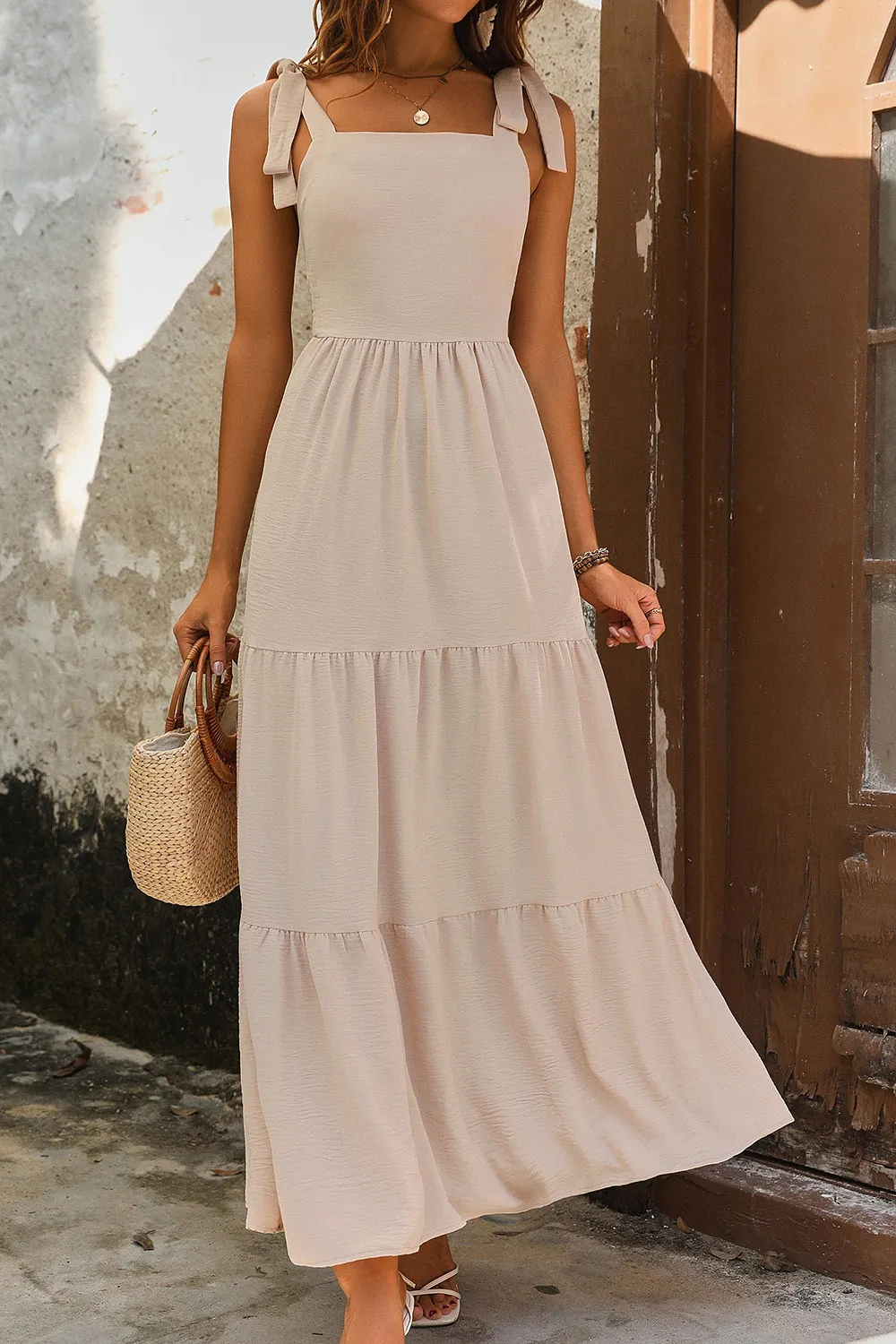 Tie Shoulder Smocked Tiered Dress, image 6