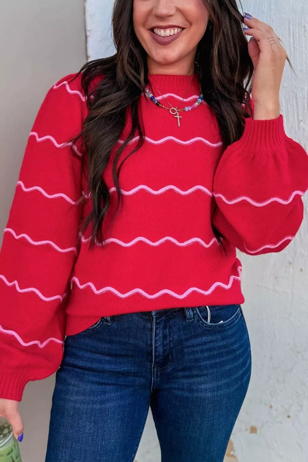 Striped Round Neck Long Sleeve Shift Pullover Sweater, image 5
