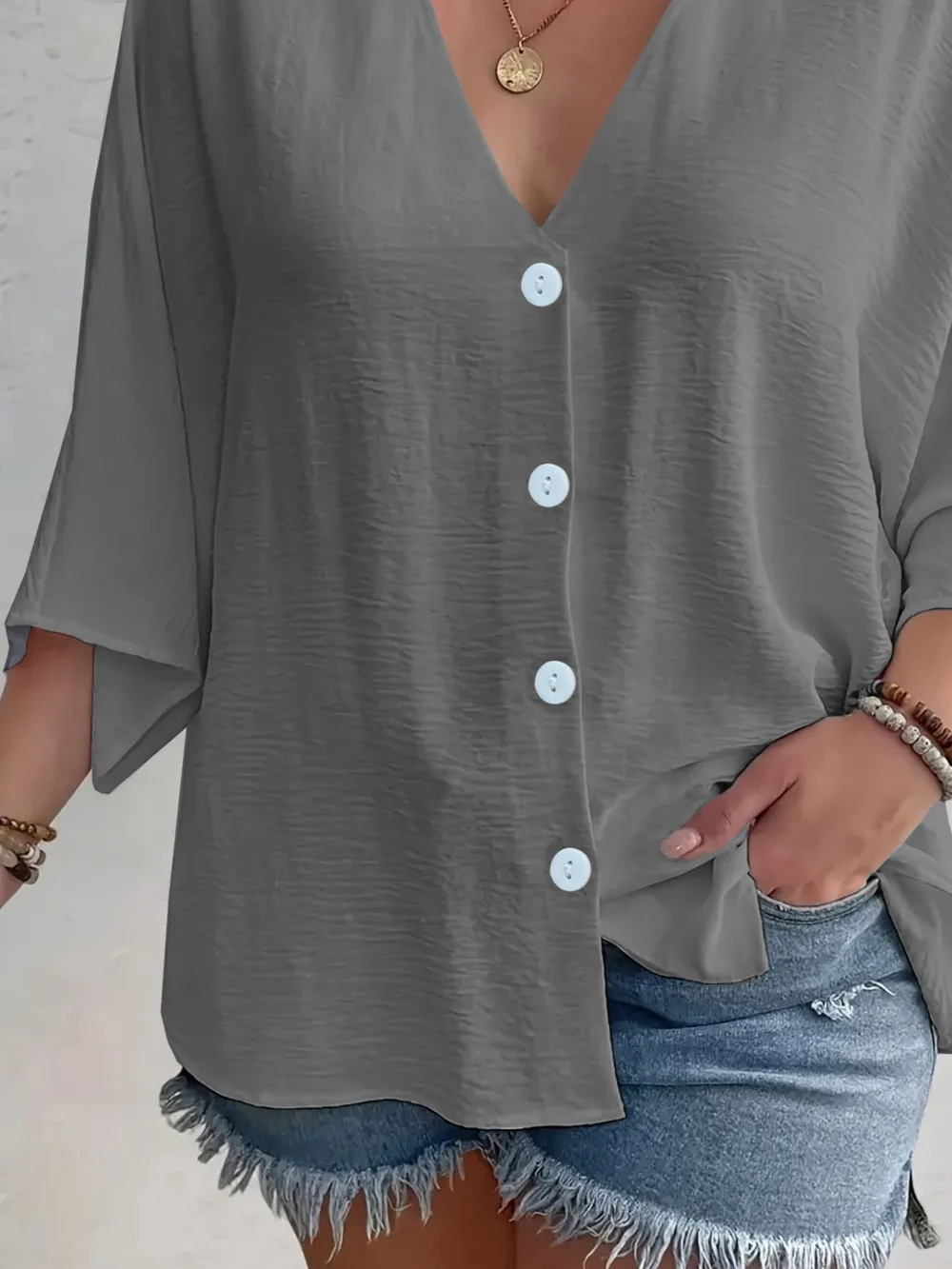 Full Size Casual V-Neck Button Down Relaxed Fit Blouse Plus Size, image 15