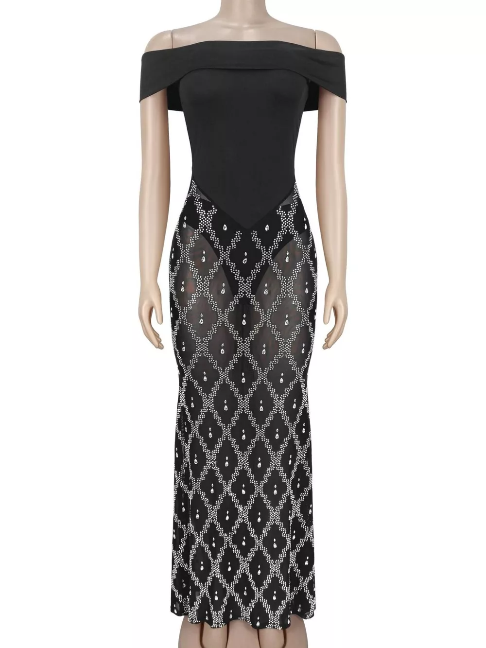 Off-Shoulder Sheer Rhinestone Embellished Maxi Dress, image 8