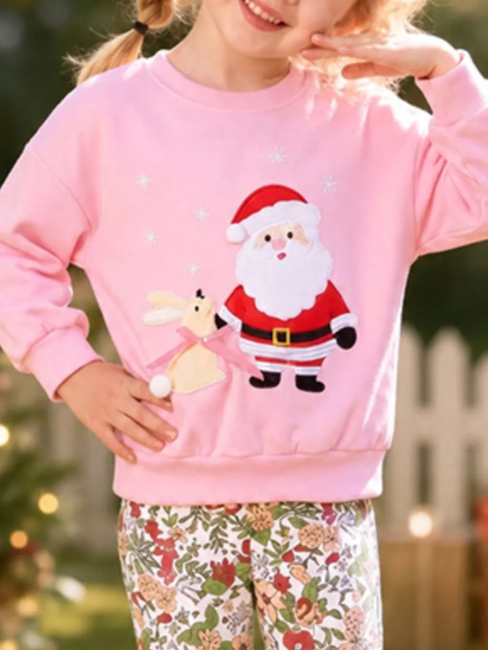 Children's Christmas Santa Graphic Sweatshirt and Floral Flare Pants Set, image 2