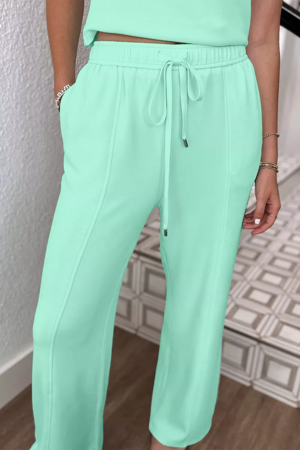 Drawstring Elastic Waistband Solid Color Two Piece Casual Set, image 3