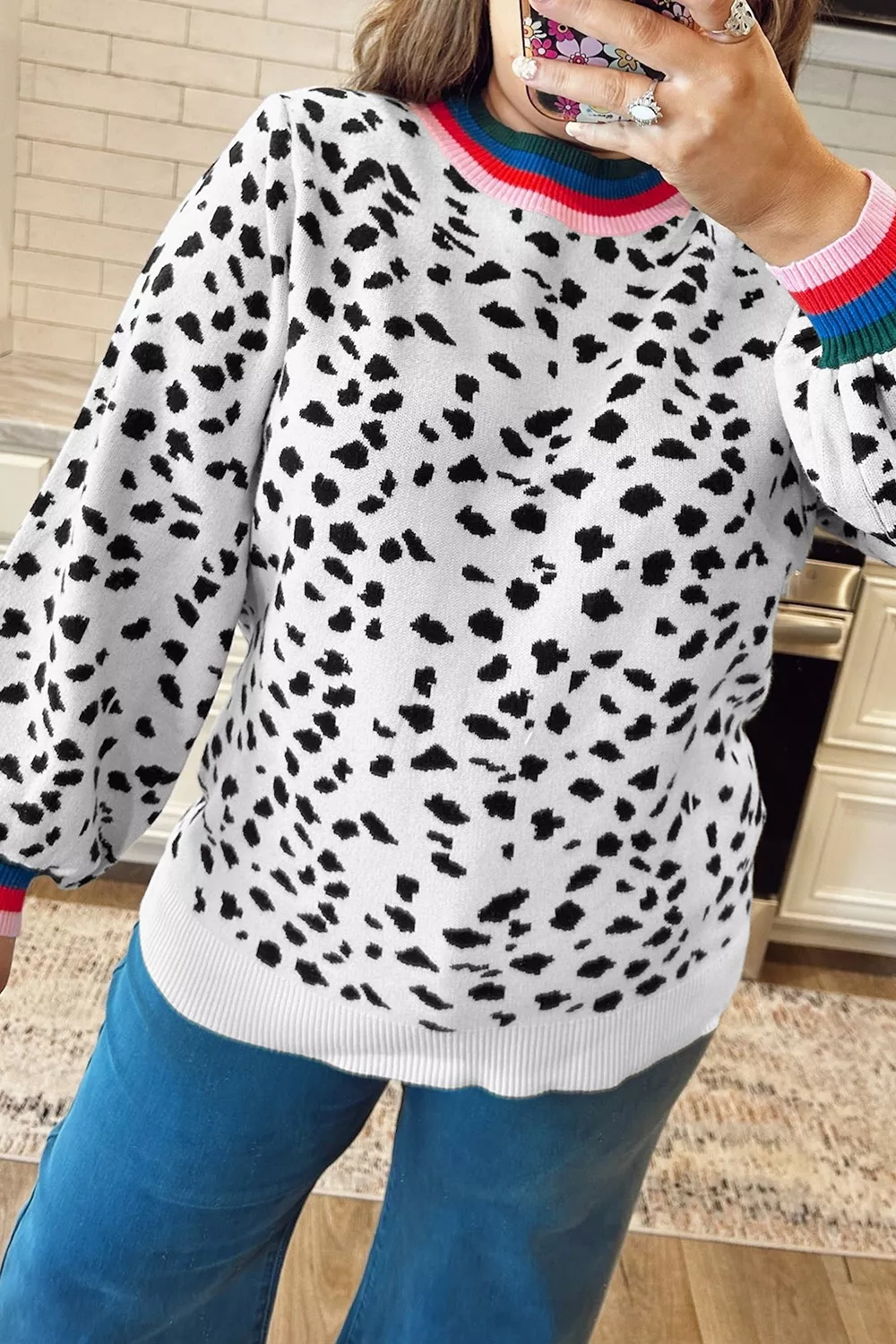 Plus Size Leopard Print Colorblock Round Neck Long Sleeve Tunic Sweater, image 4