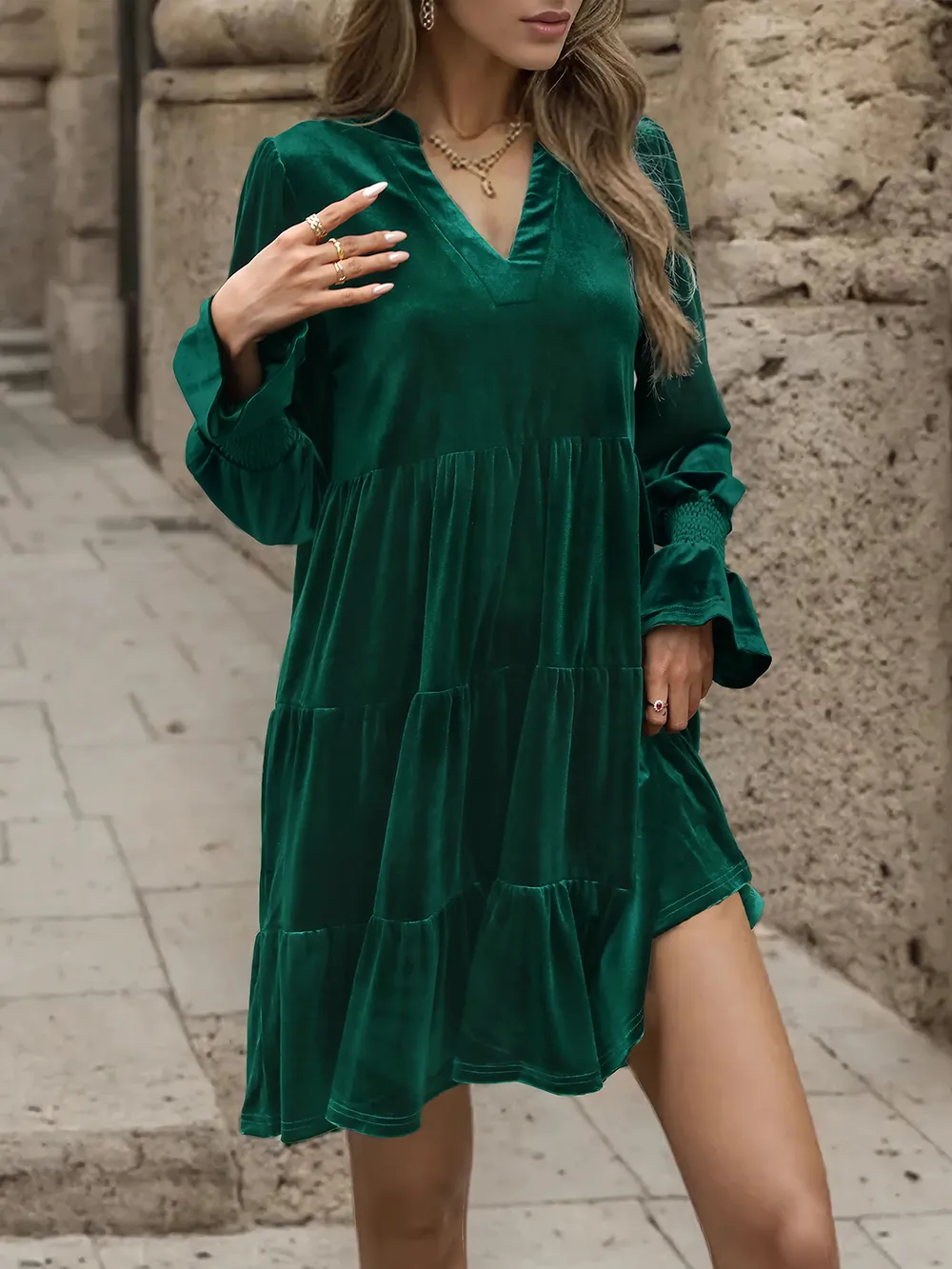 Notched Long Sleeve Tiered Dress, image 6