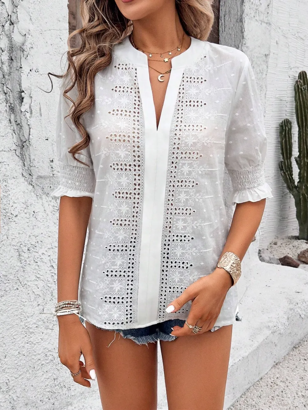 Eyelet Notched Flounce Sleeve Blouse, image 20