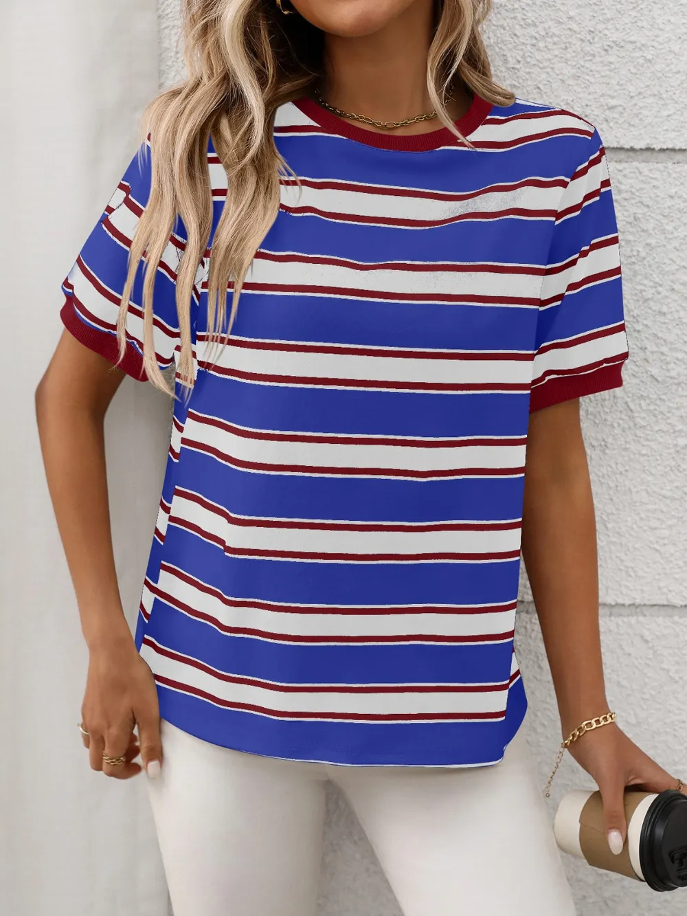 Contrast Striped Round Neck Short Sleeve T-Shirt, image 16