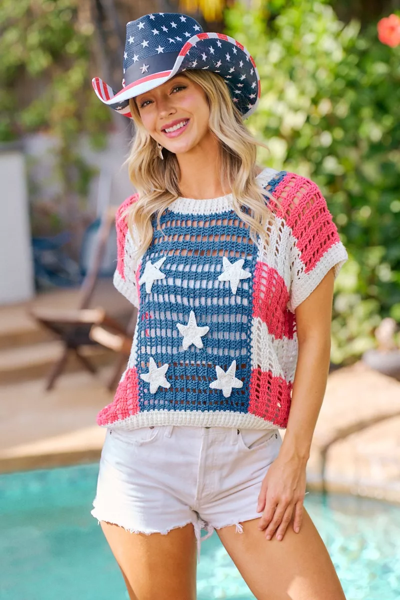 BiBi Crochet Star Patches 4th Of July Sweater Cover Up, image 5
