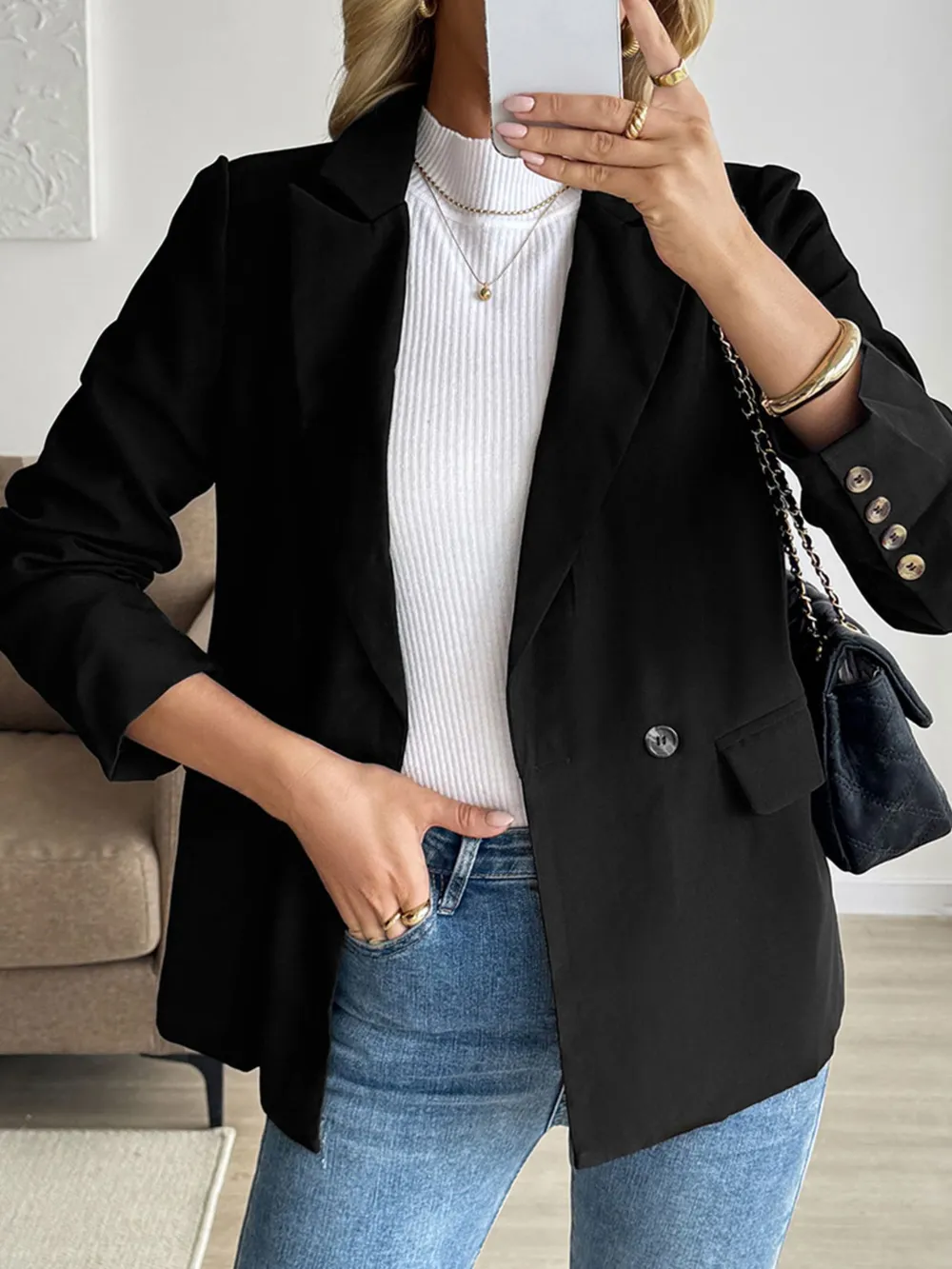 Lapel Collar Long Sleeve Blazer, image 4