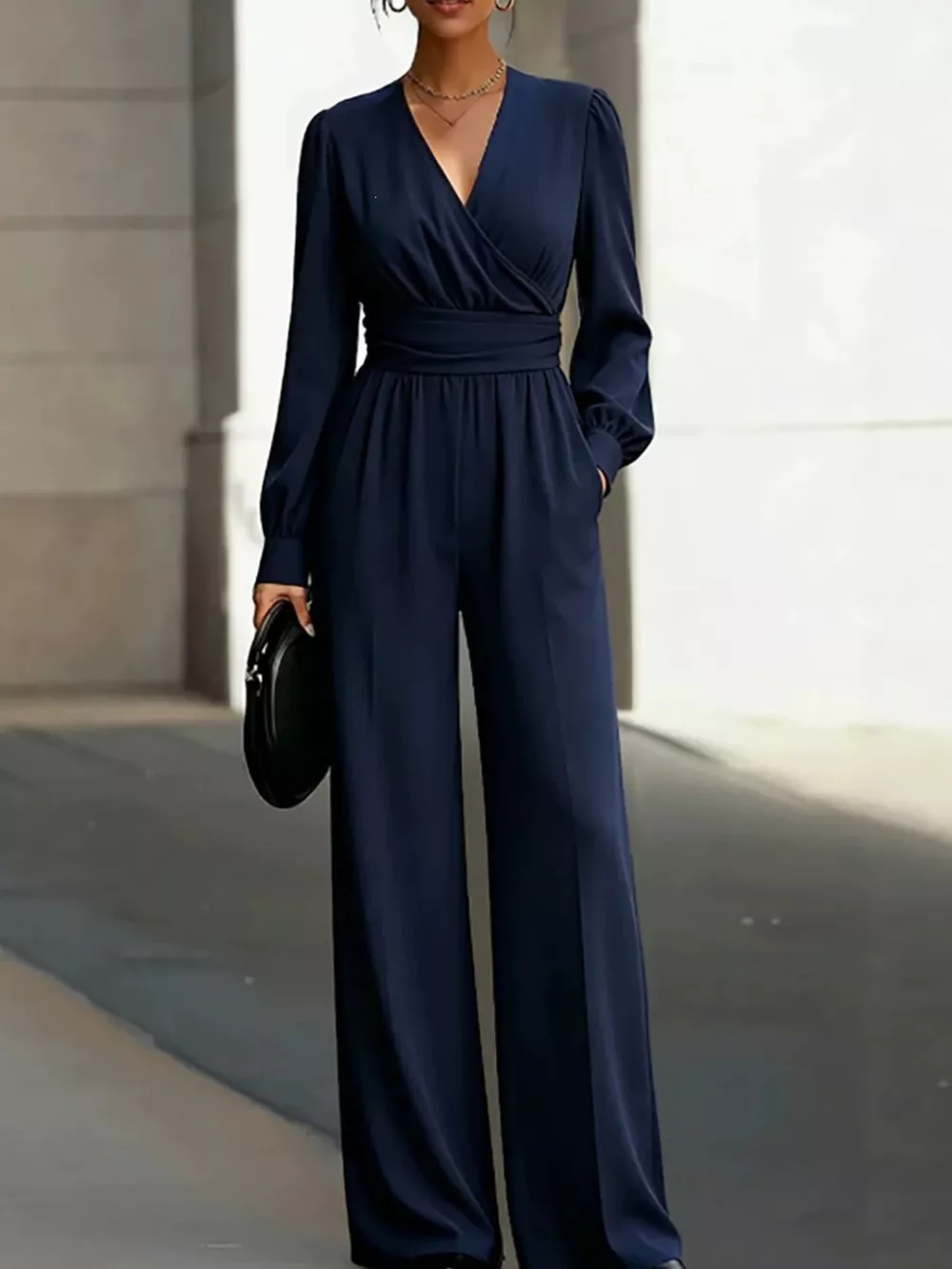 Surplice Long Sleeve Wide-Leg Jumpsuit, image 2