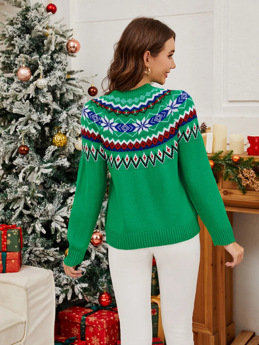 Geometric Round Neck Long Sleeve Sweater, image 6