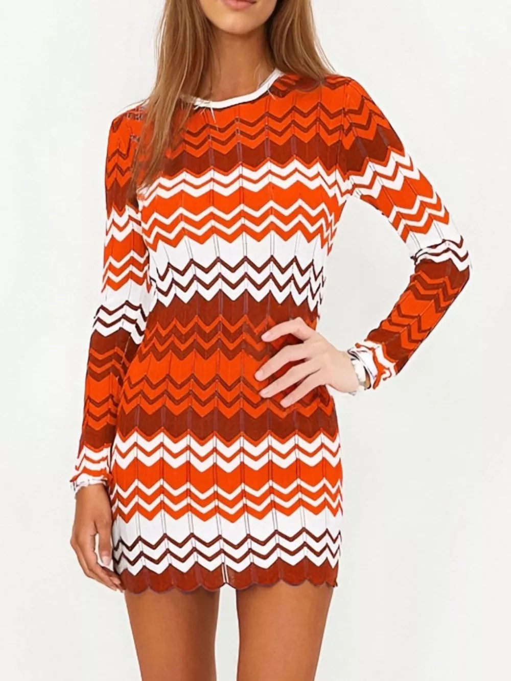 Openwork Wave Pattern Long Sleeve Sweater Dress, image 14