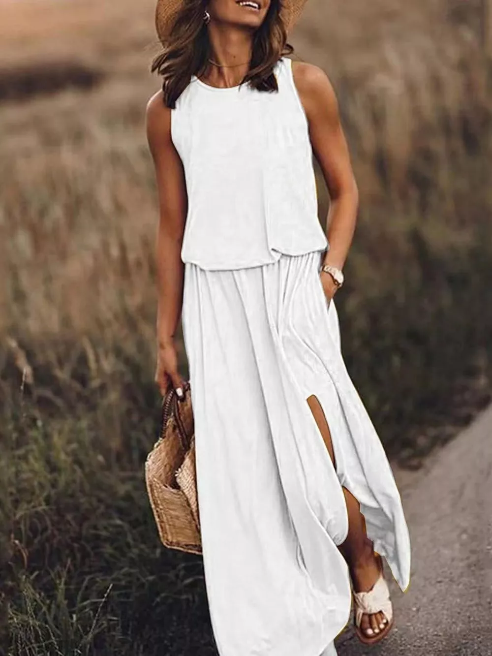 Full Size Round Neck Sleeveless Slit Maxi Dress Plus Size, image 24