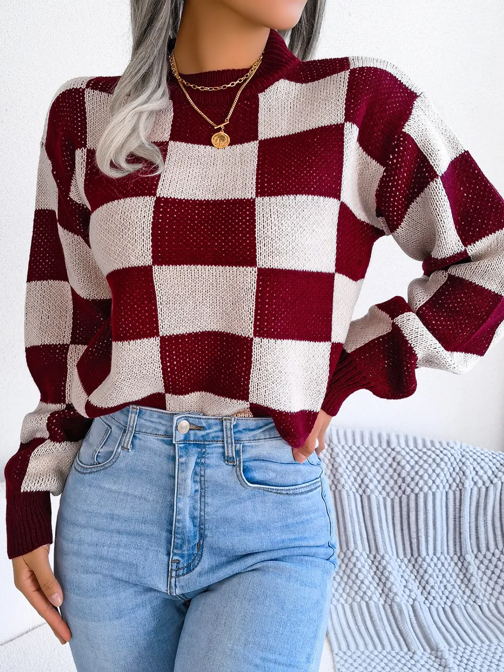 Checkered Mock Neck Long Sleeve Sweater, image 13