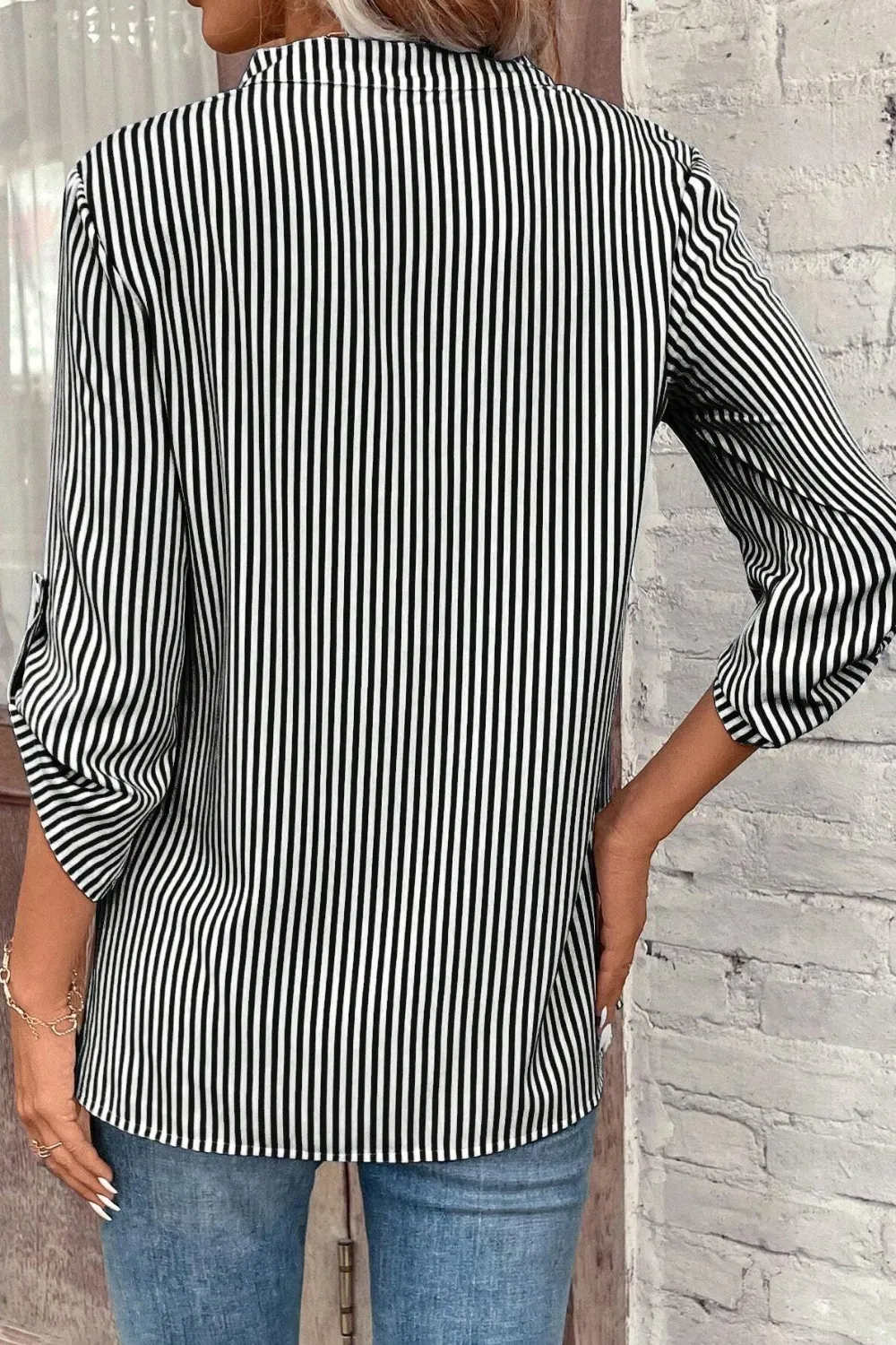 Striped Notched Roll-Tab Sleeve Shirt, image 20