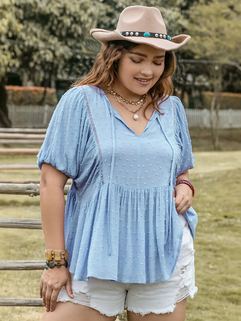 Plus Size Swiss Dot Tie Neck Short Sleeve Blouse, image 7