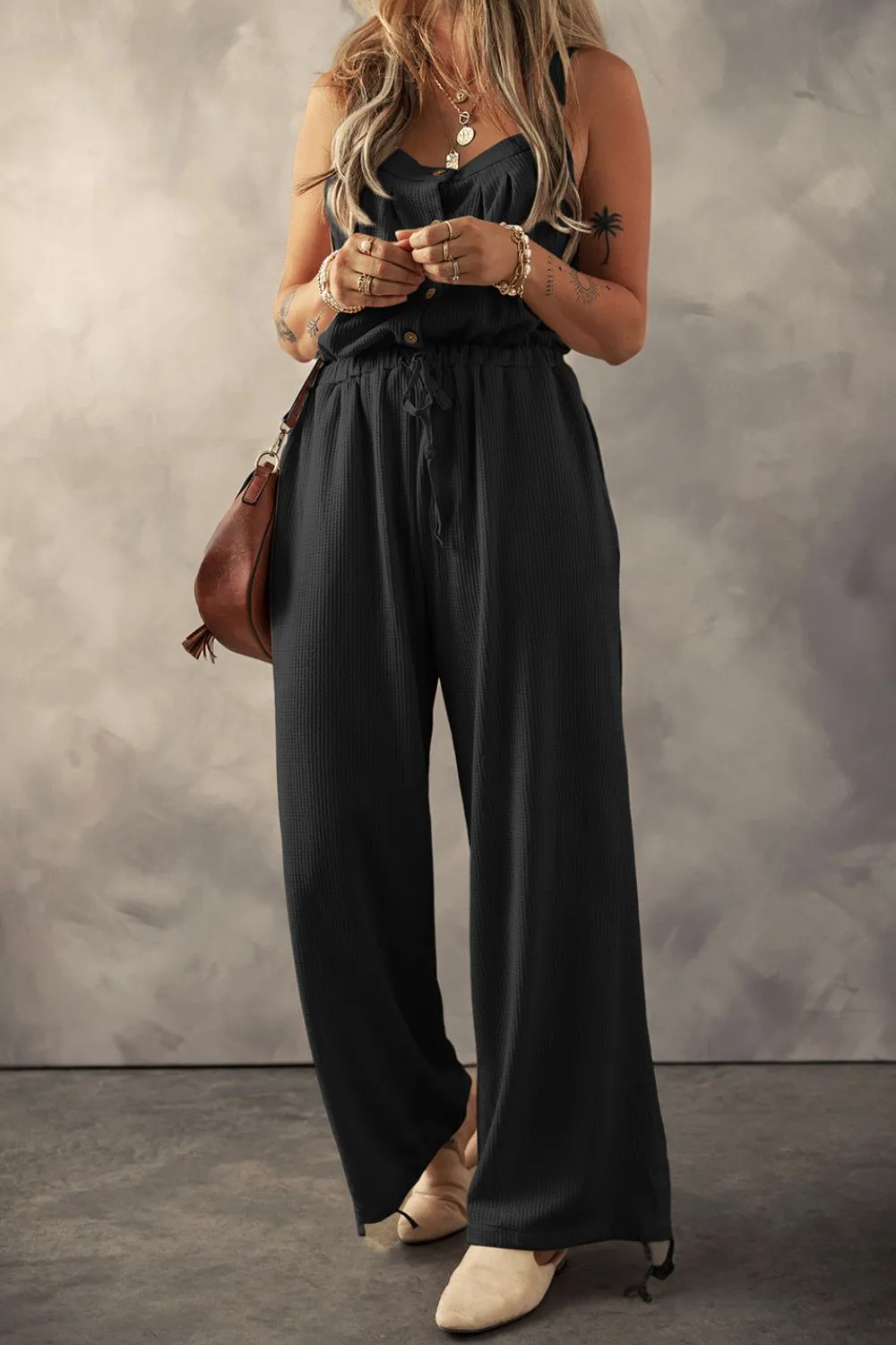 Knotted Straps Button Textured Drawstring Jumpsuit