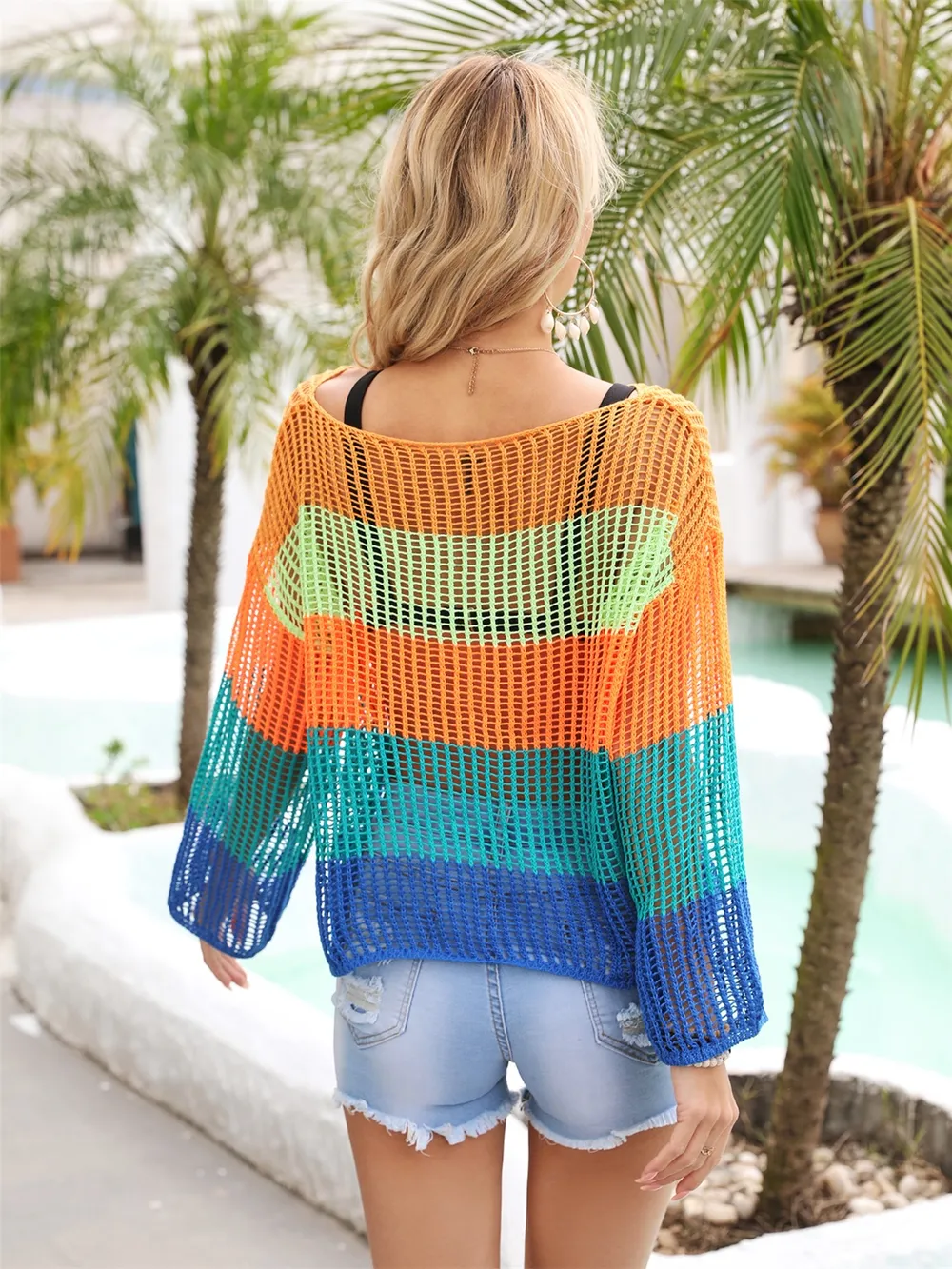 Color Block Openwork Boat Neck Cover Up, image 15