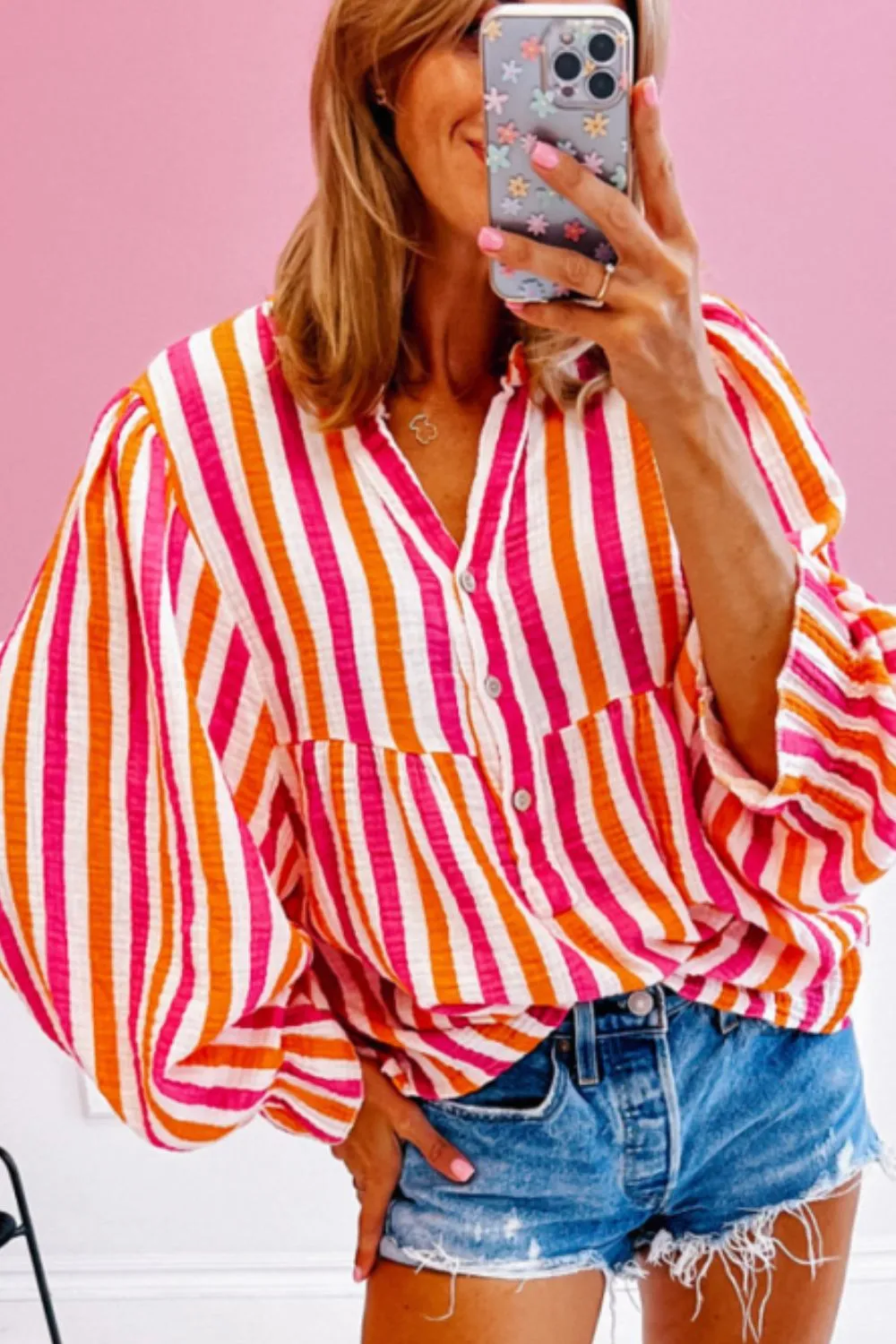 Striped Notched Flounce Sleeve Blouse, image 9