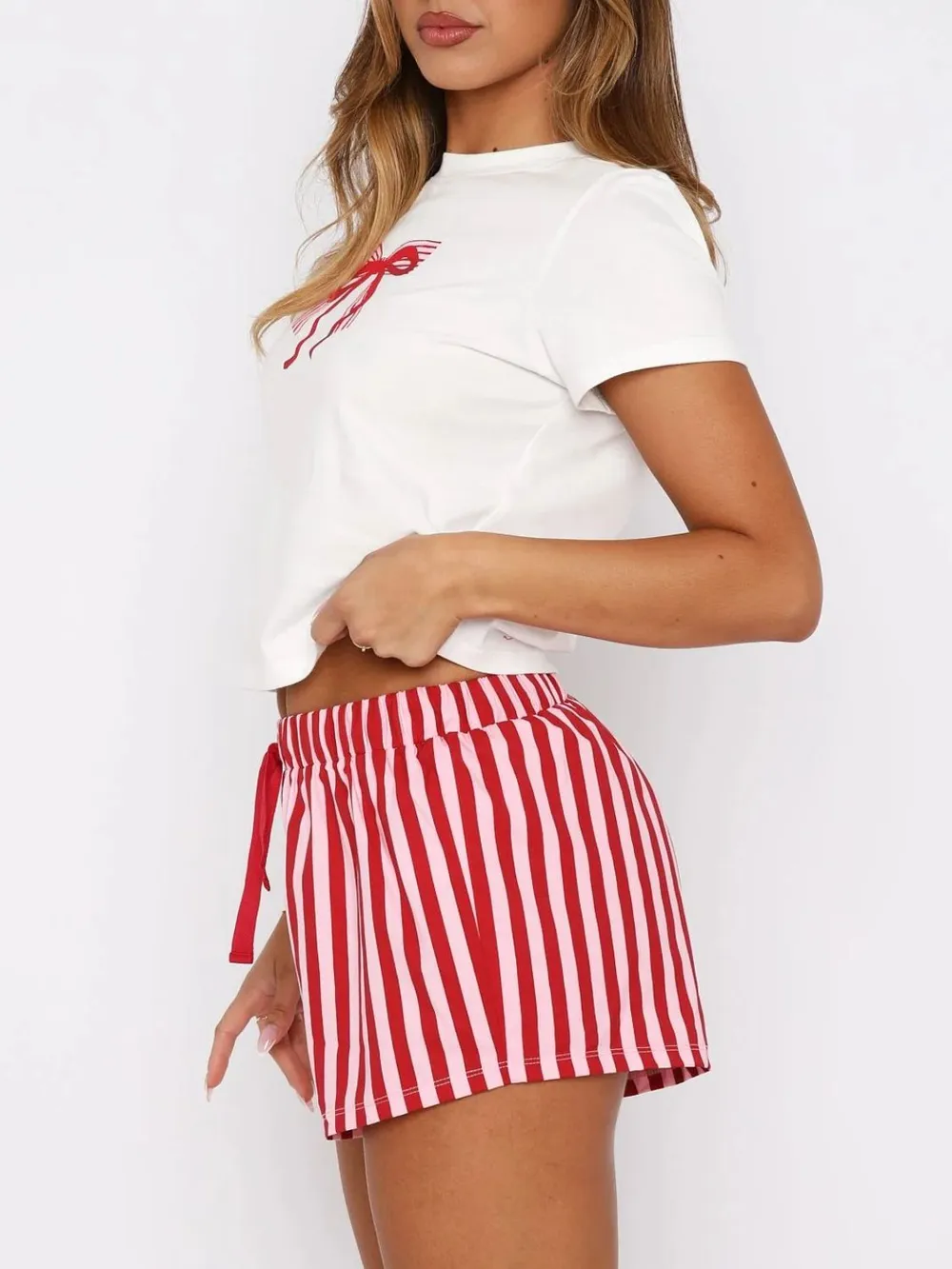Printed Round Neck Short Sleeve Top and Drawstring Shorts Set, image 3