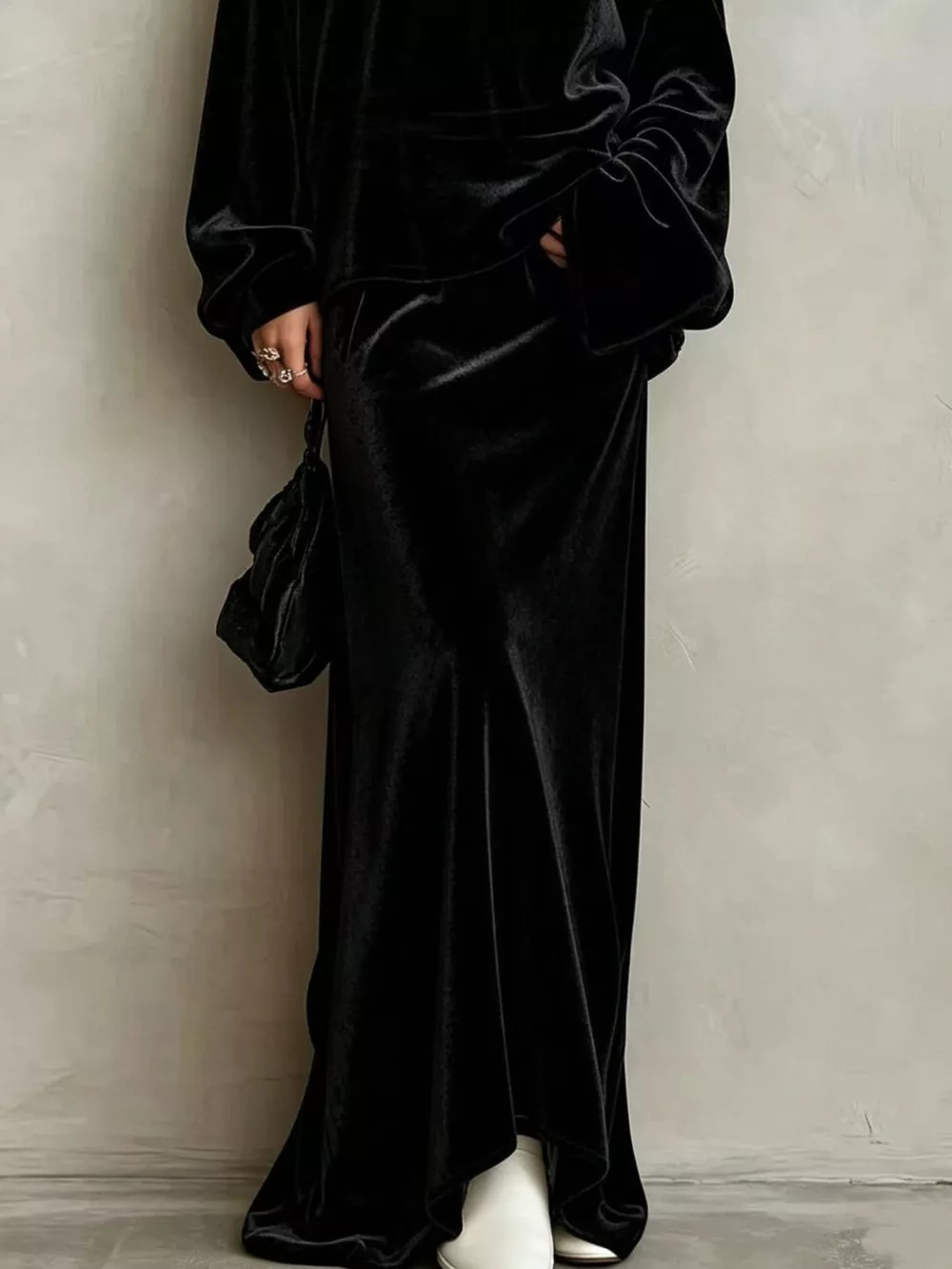 V-Neck Velvet Long Sleeve Top and Maxi Skirt Two-Piece Set, image 9