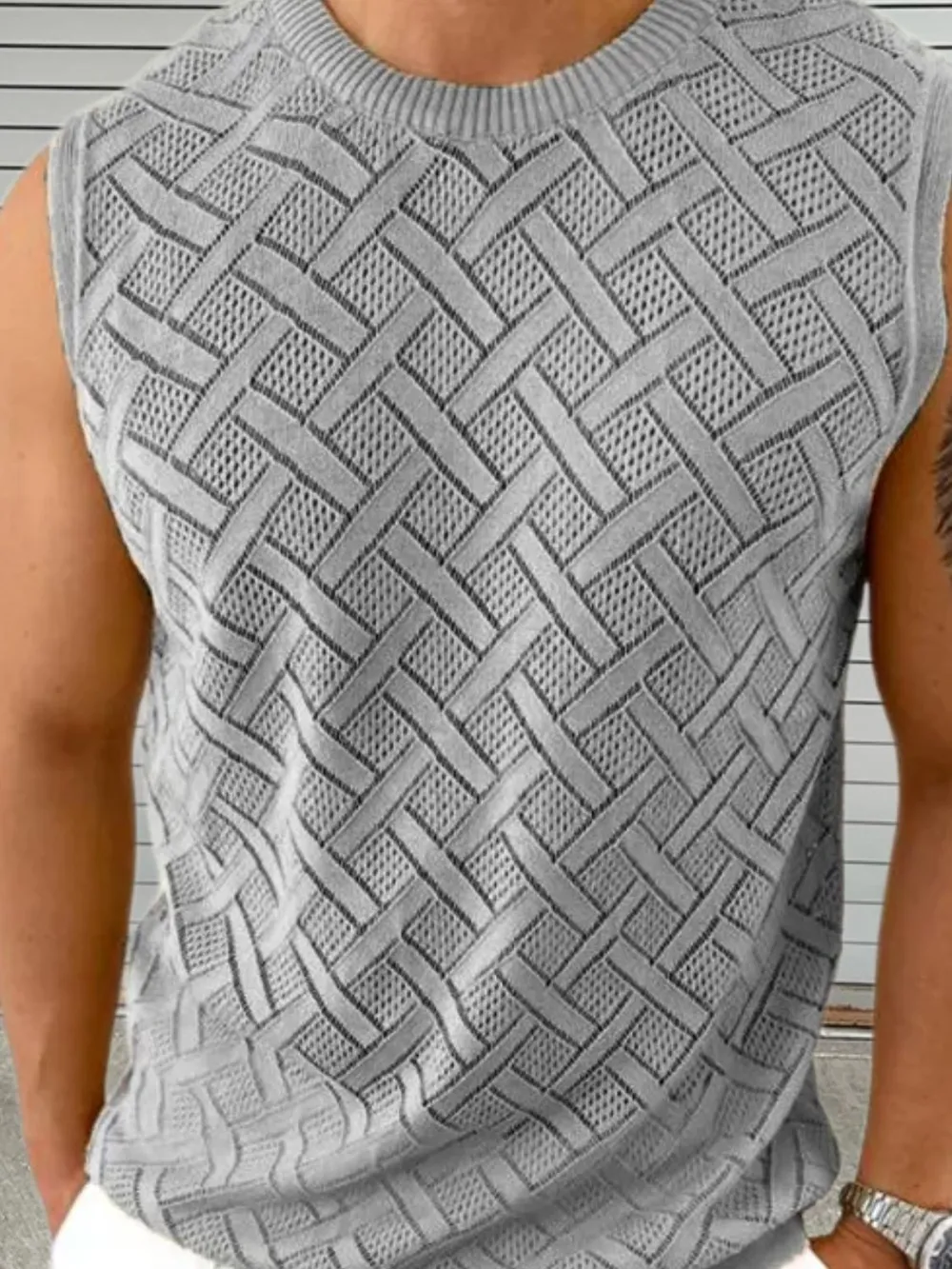 Men's Round Neck Sleeveless Eyelet Knit Top, image 5