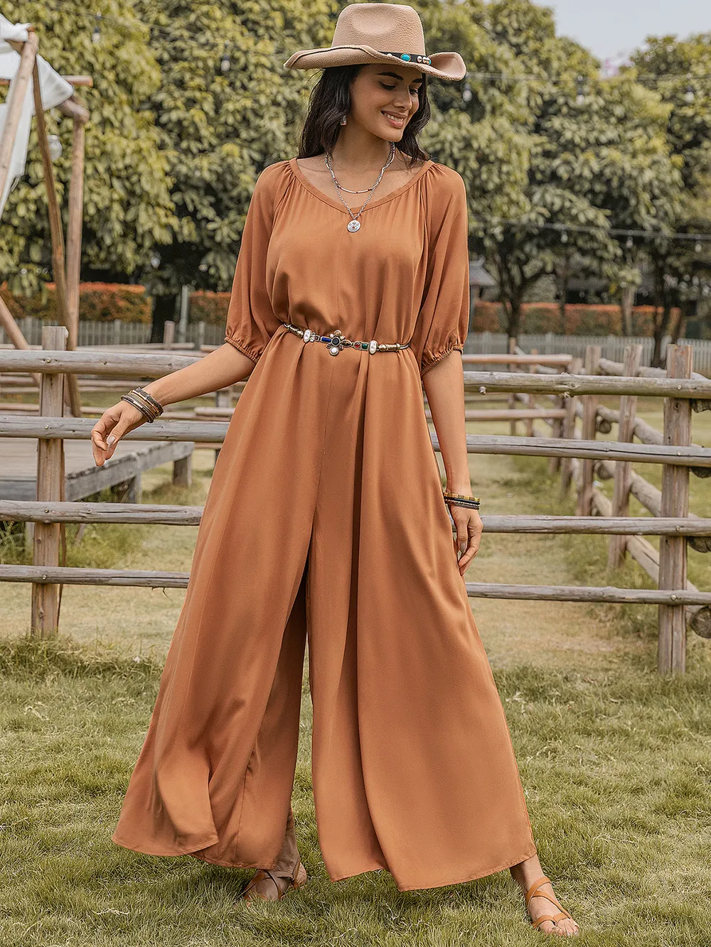 Scoop Neck Half Sleeve Wide Leg Jumpsuit, image 3