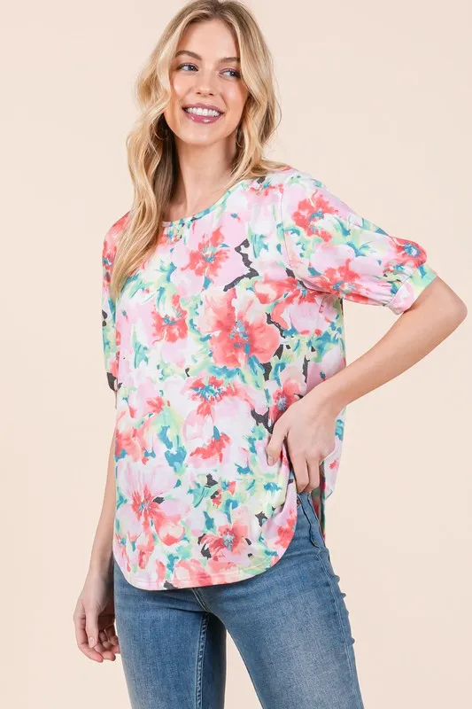 Floral Round Neck Puff Sleeve Top, image 4