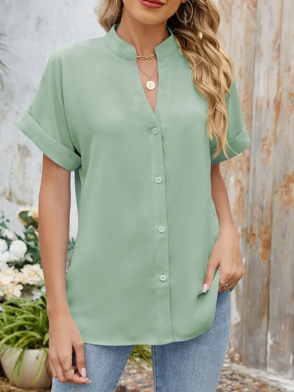 Notched Short Sleeve Blouse, image 29