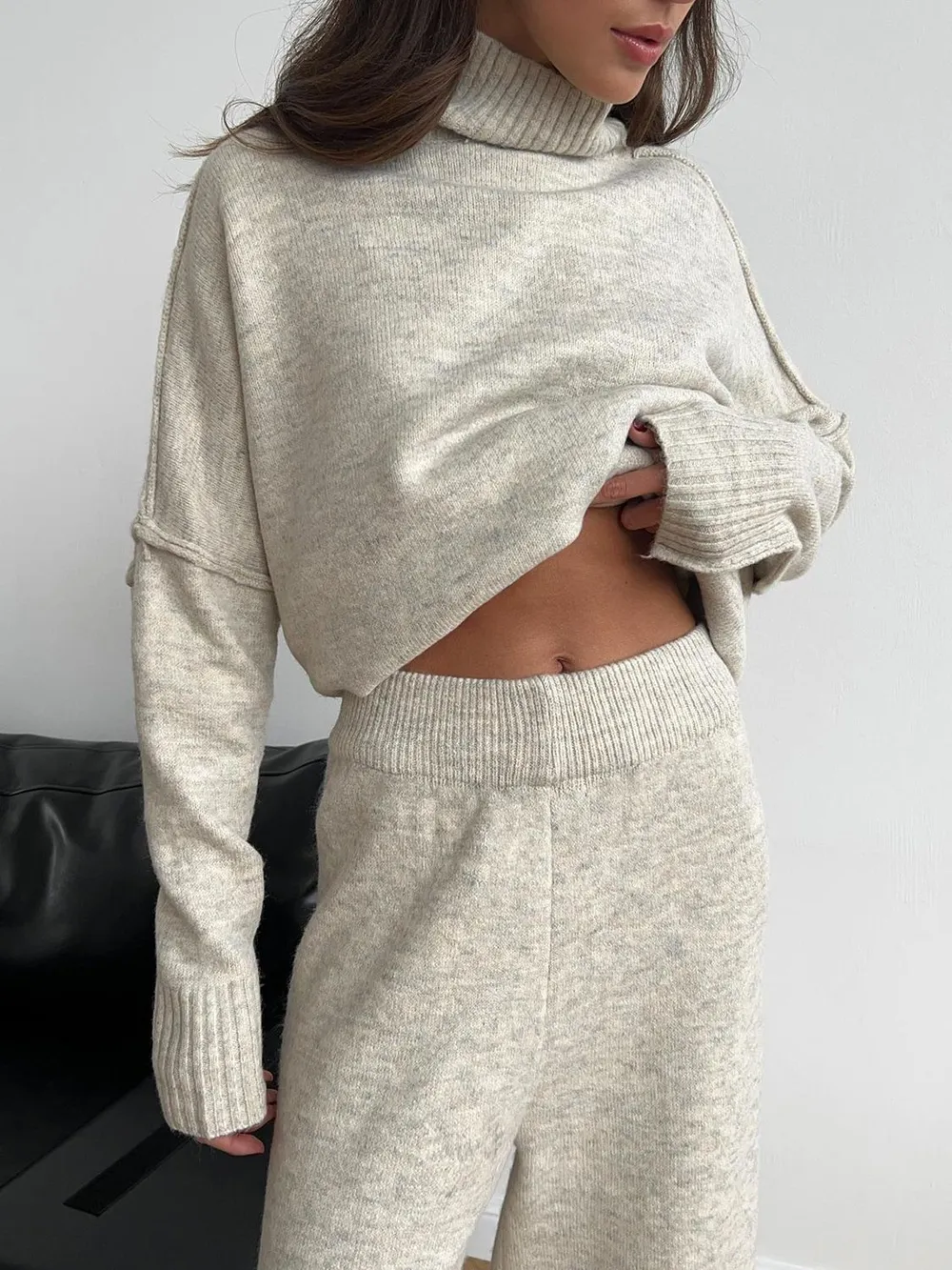 Slit Turtleneck Long Sleeve Top and Pants Sweater Set, image 9