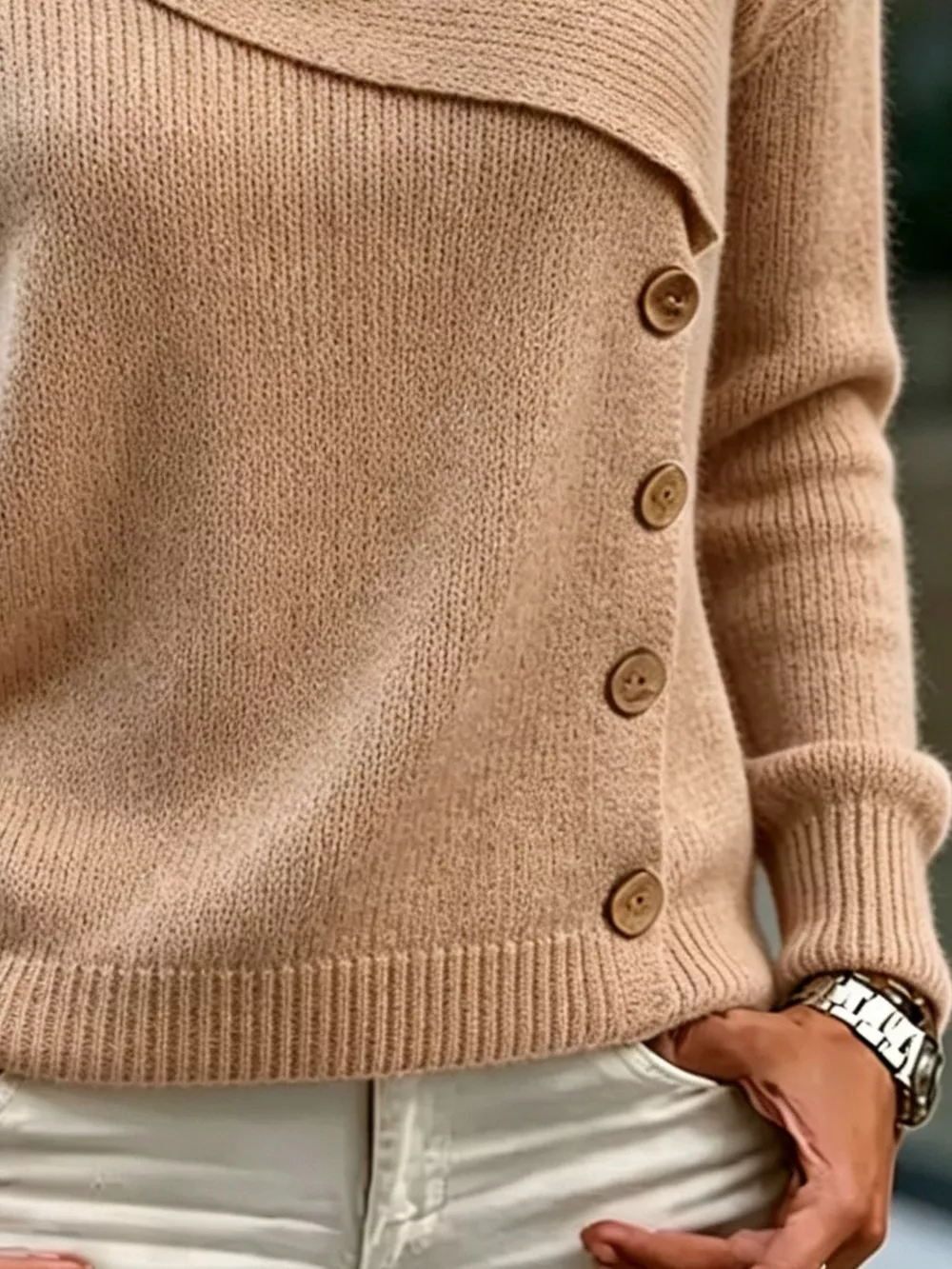 Full Size Asymmetrical Decor Button Sweater Plus Size, image 9