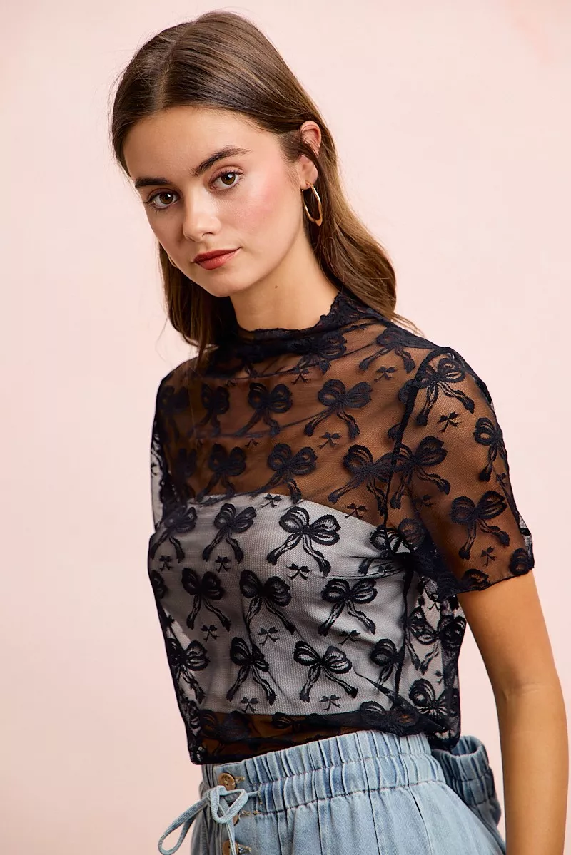 High Neckline Short Sleeves Bow Pattern Mesh Top, image 9