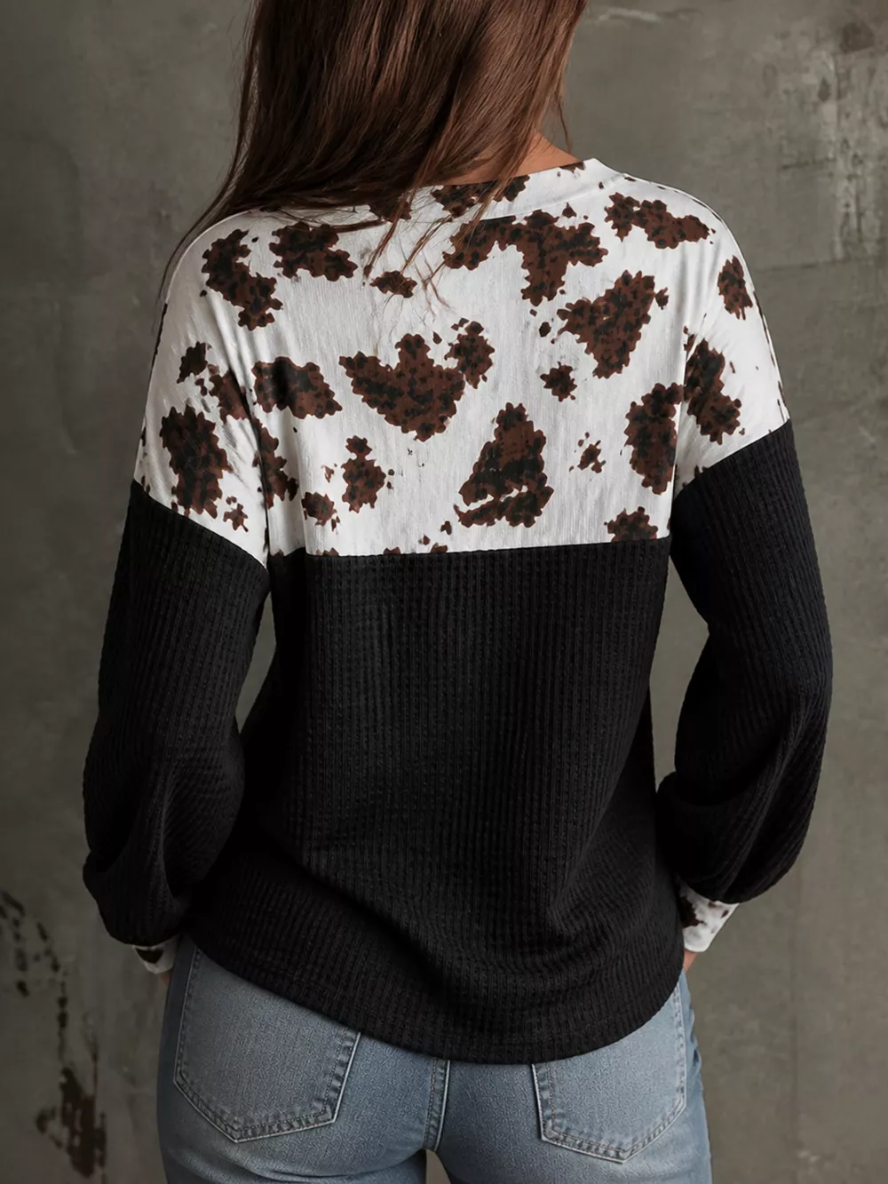 Cow Print Color Block Waffle Knit Blouse, image 2