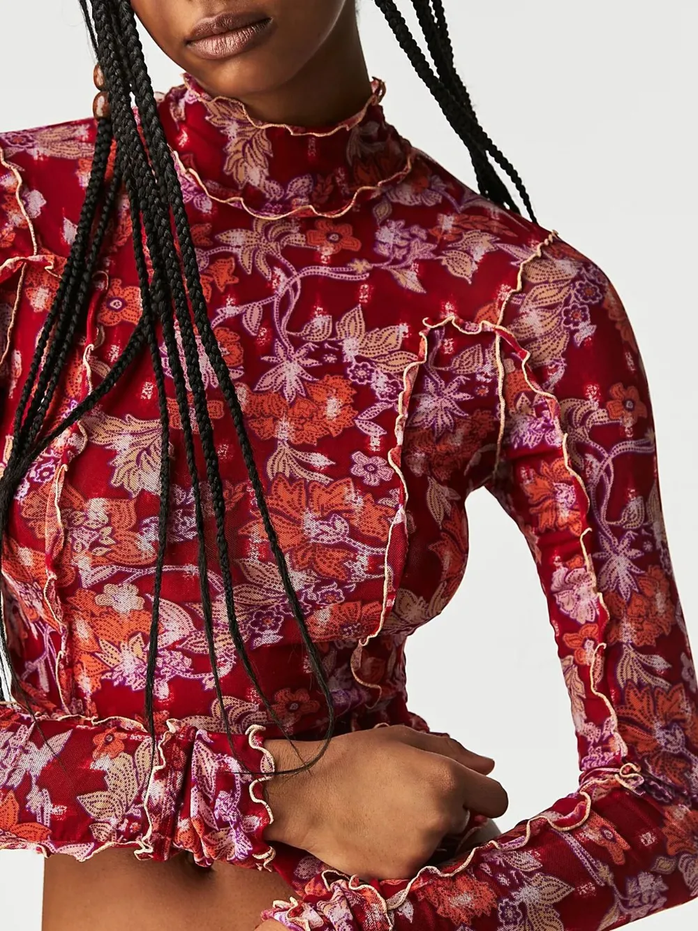 Floral Print Mock Neck Long Sleeve Top, image 7