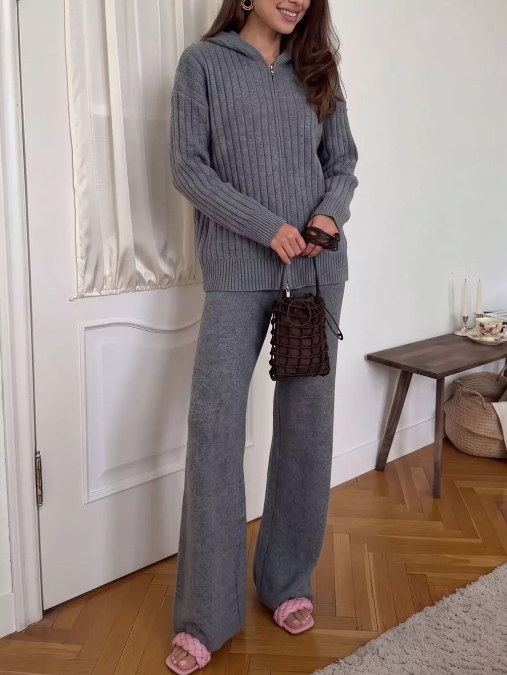Cozy Ribbed Knit Zip-Up Hoodie and Wide-Leg Pants Sweater Set, image 9