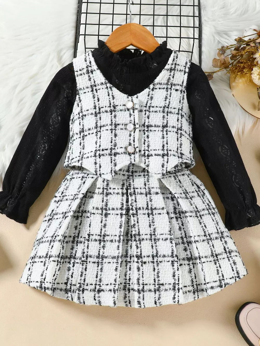 Children's Long Sleeve Top & Plaid Vest & Pleated Skirt Set, image 2