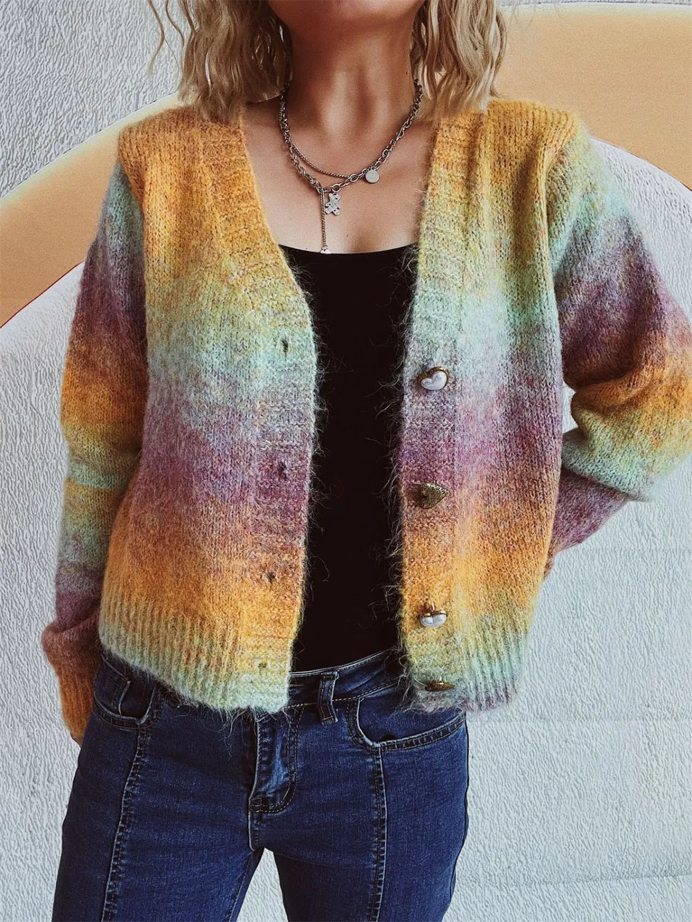 Gradient Heart Shape Button V-Neck Cardigan, image 8