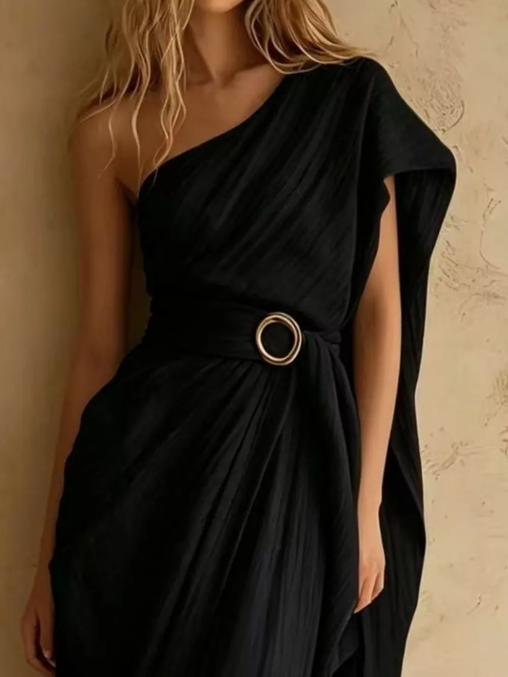 One-Shoulder Draped Maxi Dress with Waist Buckle, image 6