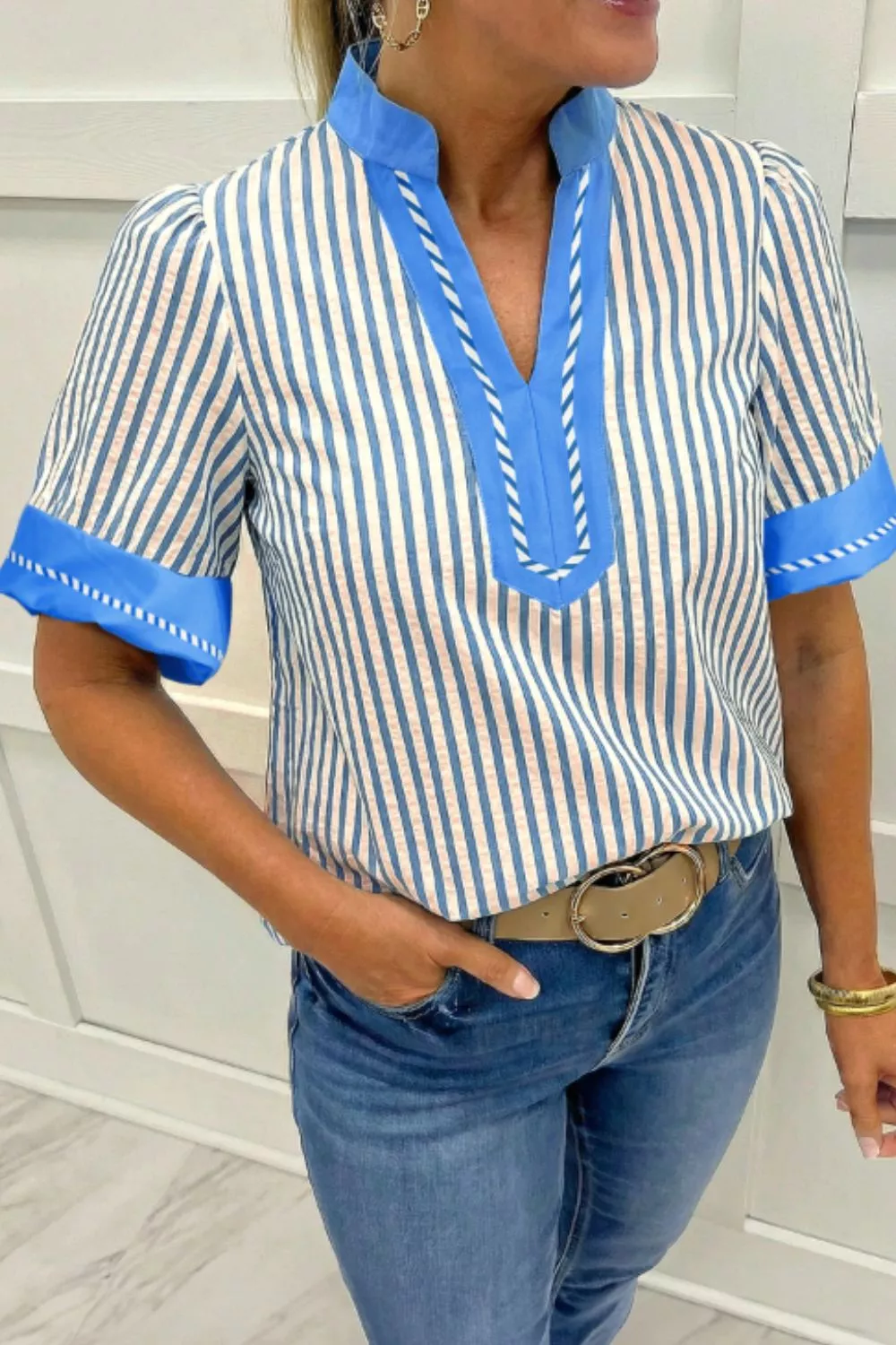 Stripe Color Block Detail V Neck Short Sleeve Blouse, image 2