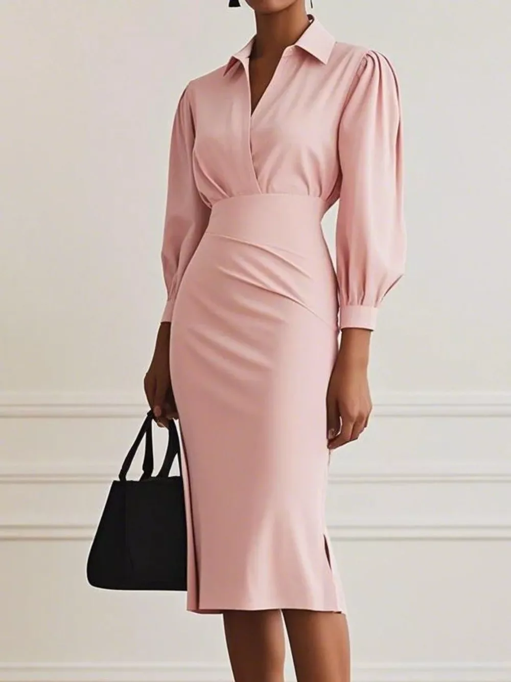 Ruched Midi Shirt Dress with Side Slit, image 11
